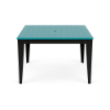 Straight-on front view of a 48-inch square marine-grade polymer (MGP) outdoor dining-height table featuring a bright Aruba teal slatted top with a centered umbrella hole, set on a black frame with tapered legs.