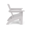 Profile side view of a solid white MGP Adirondack chair showing the slatted seat curve, reclined back stance, and wide flat armrests.