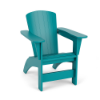 Three-quarter perspective view of a heavy-duty marine-grade polymer (MGP) outdoor Adirondack chair with a vertical slat backrest and wide armrests, finished in a solid bright Aruba teal.