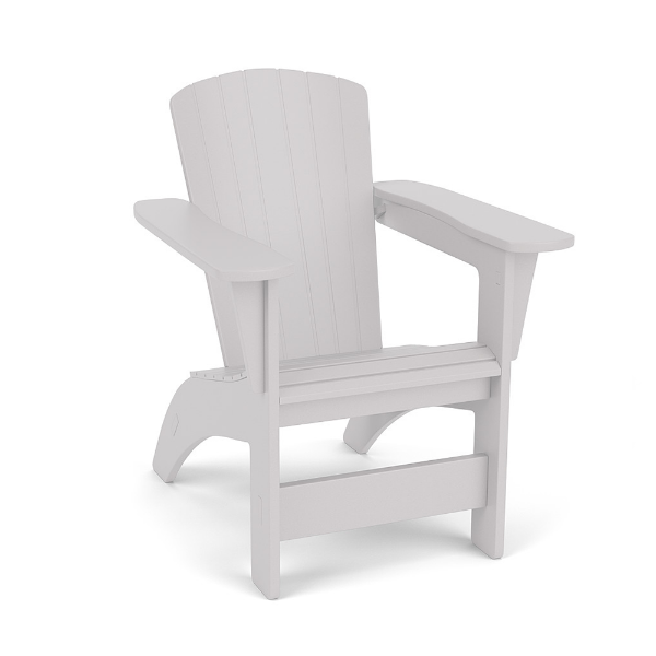 Three-quarter front view of an MGP commercial outdoor Adirondack chair with wide armrests and vertical slatted back, finished in solid white.