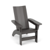 Three-quarter perspective view of a modern MGP outdoor Adirondack chair with clean, straight-edged vertical back slats and wide flat armrests, rendered in a solid dark grey finish.