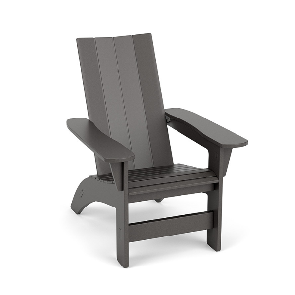Three-quarter perspective view of a modern MGP outdoor Adirondack chair with clean, straight-edged vertical back slats and wide flat armrests, rendered in a solid dark grey finish.