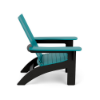 Profile side view of a modern marine-grade polymer (MGP) outdoor Adirondack chair featuring straight-lined vertical back slats and seat planks in bright Aruba teal, mounted on a solid black frame and legs.