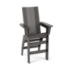 Three-quarter perspective view of a tall, elevated MGP outdoor bar chair featuring clean vertical back slats, wide armrests, and built-in front and side footrests, finished in uniform dark grey.