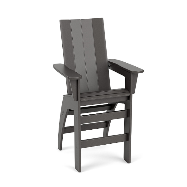 Three-quarter perspective view of a tall, elevated MGP outdoor bar chair featuring clean vertical back slats, wide armrests, and built-in front and side footrests, finished in uniform dark grey.
