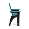 Side profile view of an elevated marine-grade polymer (MGP) outdoor bar-height chair featuring straight-lined vertical back slats and seat planks in Aruba teal, built on a tall black frame with footrest crossbars.