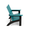 Side profile view of a two-person marine-grade polymer (MGP) outdoor Adirondack loveseat, featuring vertical back slats and slatted seat planks in bright Aruba teal mounted on a solid black frame.
