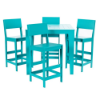 A 5-piece outdoor bar-height dining set in solid Aruba teal marine-grade polymer (MGP), featuring four armless solid-style bar chairs arranged around a matching square high-top bar table.