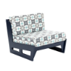 Three-quarter perspective view of an armless right-facing modular outdoor deep seating chair, constructed with a dark navy blue MGP frame and upholstered in a grey, white, and teal floral geometric pattern cushion set.