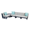 A multi-piece commercial modular outdoor deep seating lounge arrangement featuring navy blue marine-grade polymer (MGP) frames, thick light grey fabric cushions, light teal throw pillows, and an integrated dark side table.