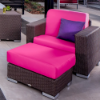 A commercial outdoor cushioned ottoman featuring a dark Java chocolate brown resin wicker base, silver block feet, and a thick hot pink seat cushion, positioned in front of a matching wicker lounge chair with a dark purple accent pillow.