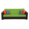 A commercial outdoor three-seat sofa featuring a dark Java chocolate brown woven wicker frame, bright lime green cushions, and decorative orange and striped blue throw pillows, isolated on a white background.