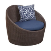 A round commercial outdoor barrel chair featuring a dark Java chocolate brown woven resin wicker frame, a blue circular seat cushion, and a navy-and-white geometric patterned throw pillow, isolated on a white background.