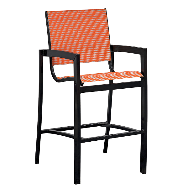 Three-quarter perspective view of an Urban double-layer sling commercial outdoor bar chair featuring a sturdy black powder-coated aluminum frame, armrests, footrest crossbars, and an orange woven patterned sling seat and back, isolated on a white background.