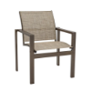 Front three-quarter view of an Urban stackable aluminum sling club dining chair featuring a dark bronze aluminum frame and a neutral beige woven sling seat and back, isolated on a white background.