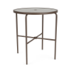 Front perspective view of a 36-inch round Sundance commercial outdoor bar table featuring a Textured Antique Beige powder-coated aluminum frame, cross-braced leg support, an umbrella hole, and a textured acrylic tabletop surface, isolated on a white background.