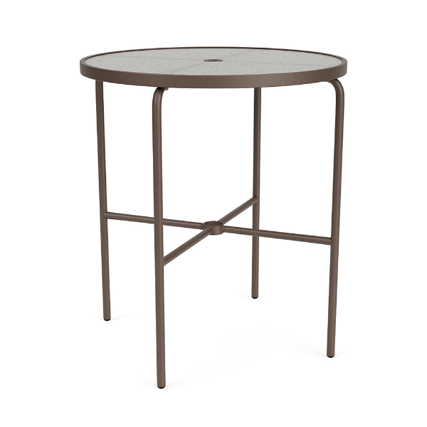 Front perspective view of a 36-inch round Sundance commercial outdoor bar table featuring a Textured Antique Beige powder-coated aluminum frame, cross-braced leg support, an umbrella hole, and a textured acrylic tabletop surface, isolated on a white background.