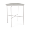 Front perspective view of a 36-inch round Sundance commercial outdoor bar table featuring a clean Sky White powder-coated aluminum frame, cross-braced legs, an umbrella hole, and a textured acrylic tabletop insert, isolated on a white background.