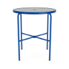 Front perspective view of a 36-inch round Sundance commercial outdoor bar table featuring a vibrant Marina blue powder-coated aluminum frame, four slender legs with cross-bracing support, an umbrella hole, and a clear acrylic tabletop insert, isolated on a white background.
