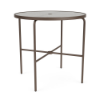 Perspective view of a 42-inch round Sundance commercial outdoor bar table featuring a dark Textured Espresso powder-coated aluminum frame, cross-braced support legs, an umbrella hole, and a textured acrylic tabletop insert, isolated on a white background.