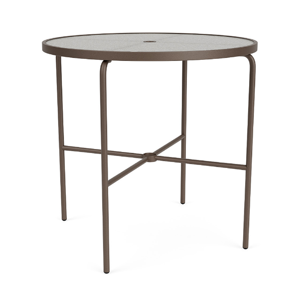 Perspective view of a 42-inch round Sundance commercial outdoor bar table featuring a dark Textured Espresso powder-coated aluminum frame, cross-braced support legs, an umbrella hole, and a textured acrylic tabletop insert, isolated on a white background.