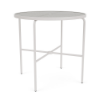Perspective view of a 42-inch round Sundance commercial outdoor bar table featuring a clean Sky White powder-coated aluminum frame, cross-braced legs, an umbrella hole, and a light-toned acrylic tabletop insert, isolated on a white background.