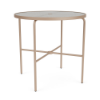 Perspective view of a 42-inch round Sundance commercial outdoor bar table featuring a Textured Antique Beige powder-coated aluminum frame, cross-braced leg support, an umbrella hole, and a textured acrylic tabletop, isolated on a white background.