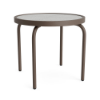 Perspective view of a 20-inch round Sundance commercial outdoor side table featuring a dark Textured Espresso powder-coated aluminum frame, four curved legs, and a textured acrylic tabletop surface, isolated on a white background.