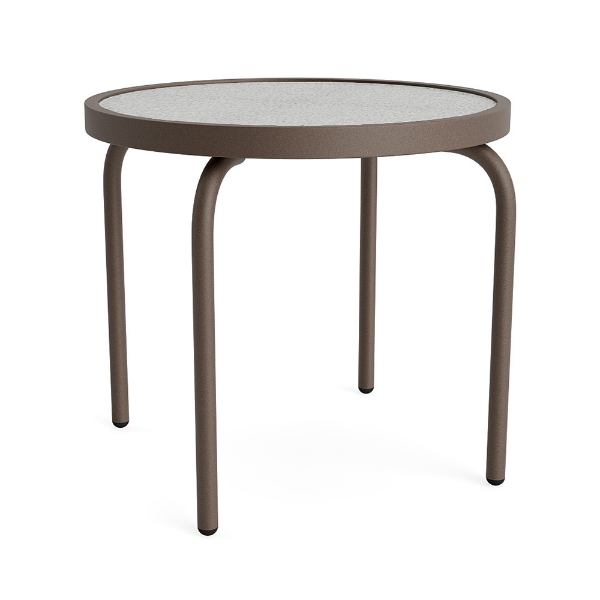 Perspective view of a 20-inch round Sundance commercial outdoor side table featuring a dark Textured Espresso powder-coated aluminum frame, four curved legs, and a textured acrylic tabletop surface, isolated on a white background.