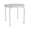 Perspective view of a 20-inch round Sundance commercial outdoor side table featuring a clean Sky White powder-coated aluminum frame, four curved legs, and a textured acrylic tabletop insert, isolated on a white background.