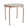 Front perspective view of a 20-inch round Sundance commercial outdoor side table featuring a Textured Antique Beige powder-coated aluminum frame, curved support legs, and a textured acrylic tabletop, isolated on a white background.