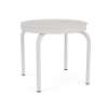 Perspective view of a 20-inch round Sundance commercial aluminum outdoor side table featuring a clean Sky White powder-coated finish, four curved legs, and a slatted geometric tabletop pattern, isolated on a white background.