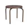 Perspective view of a 20-inch round Sundance commercial aluminum outdoor side table featuring a dark Textured Espresso powder-coated finish, four curved legs, and a circular woven-patterned aluminum tabletop surface, isolated on a white background.