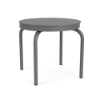 Perspective view of a 20-inch round Sundance commercial aluminum outdoor side table featuring a smooth Slate Grey powder-coated finish, four bent tubular legs, and a solid smooth circular tabletop, isolated on a white background.