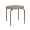 Front perspective view of a 20-inch round Sundance commercial aluminum outdoor side table in a warm Satin Amber powder-coated finish, with four bent tubular legs and a tabletop featuring a grid-like cube perforation design, isolated on a white background.
