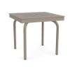 Three-quarter perspective view of a 20-inch square Sundance outdoor side table in a Satin Amber finish, featuring four tubular legs and a tabletop with a square grid cube pattern.