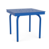 Perspective view of a 20-inch square Sundance commercial aluminum outdoor side table featuring a Marina blue powder-coated finish and a tabletop with random circular bubble perforations.