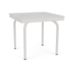 Perspective view of a 20-inch square Sundance commercial outdoor side table in a Sky White finish with four bent legs and a slatted tabletop surface.