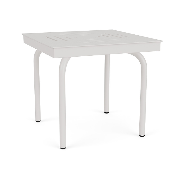 Perspective view of a 20-inch square Sundance commercial outdoor side table in a Sky White finish with four bent legs and a slatted tabletop surface.