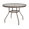 Perspective view of a 36-inch round Sundance commercial acrylic outdoor dining table with a dark Textured Espresso powder-coated aluminum frame, outward-curving legs, lower umbrella bracing, and a clear textured acrylic top surface with an umbrella hole.