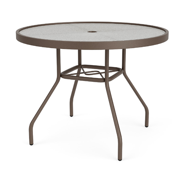 Perspective view of a 36-inch round Sundance commercial acrylic outdoor dining table with a dark Textured Espresso powder-coated aluminum frame, outward-curving legs, lower umbrella bracing, and a clear textured acrylic top surface with an umbrella hole.