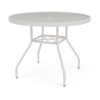 Eye-level perspective view of a 36-inch round Sundance commercial acrylic dining table with a Sky White powder-coated aluminum frame, splayed legs, umbrella brace, and a textured clear acrylic tabletop featuring a center umbrella hole.