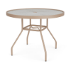 Front-side view of a 36-inch round Sundance acrylic commercial outdoor dining table featuring a powder-coated Textured Antique Beige frame, angled legs, central umbrella support ring, and a translucent acrylic top with a center hole.