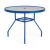 Eye-level perspective view of a 36-inch round Sundance outdoor acrylic dining table featuring a vibrant Marina blue powder-coated aluminum frame, flared legs with a central umbrella brace, and a textured clear acrylic top with an umbrella hole.