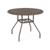 Eye-level perspective view of a 36-inch round Sundance commercial aluminum outdoor dining table featuring a dark Textured Espresso powder-coated frame, flared legs with an umbrella support ring, and an aluminum tabletop with an intricate open-weave webbed pattern and center umbrella hole.