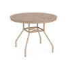 Front-side view of a 36-inch round Sundance commercial aluminum outdoor dining table with a Textured Antique Beige powder coat, angled legs, central umbrella ring, and a slotted aluminum top featuring a slotted directional pattern and center umbrella hole.