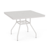 Perspective view of a 36-inch square Sundance commercial outdoor aluminum dining table powder-coated in Sky White, showcasing a completely smooth solid square tabletop, center umbrella hole, and splayed metal legs.