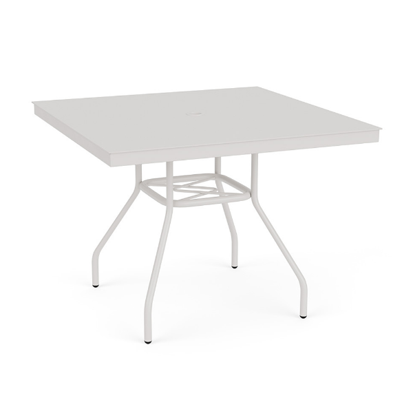 Perspective view of a 36-inch square Sundance commercial outdoor aluminum dining table powder-coated in Sky White, showcasing a completely smooth solid square tabletop, center umbrella hole, and splayed metal legs.