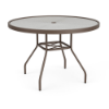 Front-side view of a 42-inch round Sundance commercial acrylic outdoor dining table in a dark Textured Espresso powder-coat finish, showcasing curved metal legs, lower bracing, and a textured acrylic table surface centered with an umbrella hole.