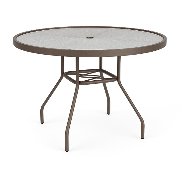 Front-side view of a 42-inch round Sundance commercial acrylic outdoor dining table in a dark Textured Espresso powder-coat finish, showcasing curved metal legs, lower bracing, and a textured acrylic table surface centered with an umbrella hole.